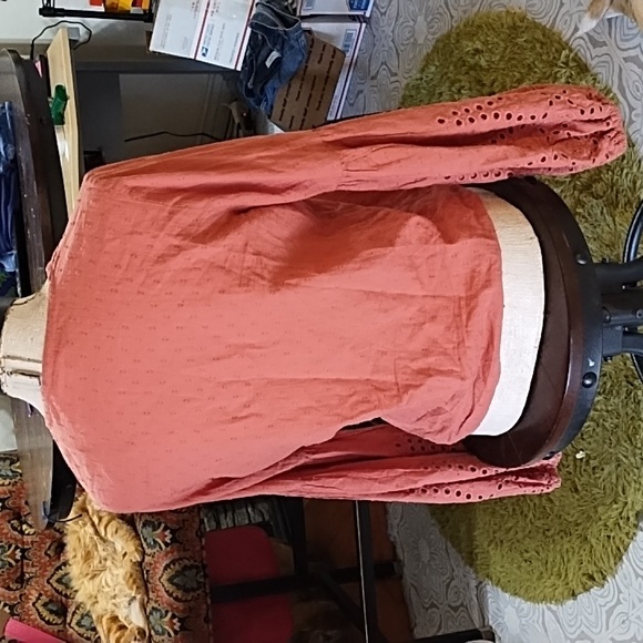 Womens Blouse Tie Front Embroidery Rustic Autumn Pumpkin spice M LOVESTITCH b46 - Picture 7 of 10